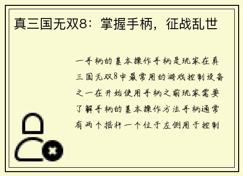 真三国无双8：掌握手柄，征战乱世